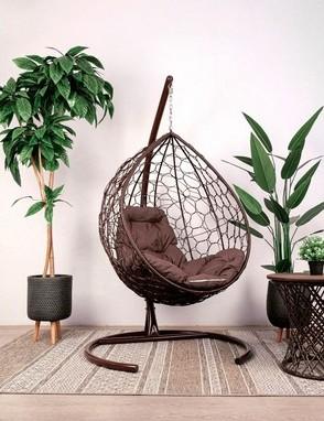 Кресло подвесное КАПЛЯ с ротангом коричневое, коричневая подушка в интернет гипермаркете «Планета Лета». Фото