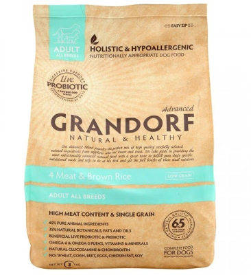 Корм GRANDORF четыре мяса с бурым рисом для взрослых собак всех пород, развес 1кг Уценка!!! в интернет гипермаркете «Планета Лета». Фото