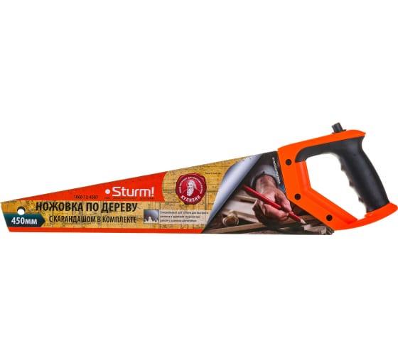Ножовка по дереву Sturm! с КАРАНДАШОМ 450мм,7-8 зуб/1",3D ЗУБ для влажн.дер. 1060-12-4507 в интернет гипермаркете «Планета Лета». Фото